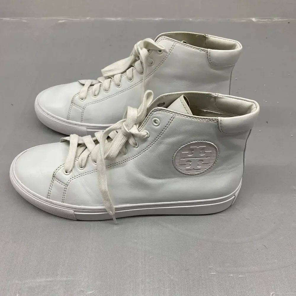 Tory Burch Nola High Top Sneakers Womens 8.5 White Leather Double T Logo 32702